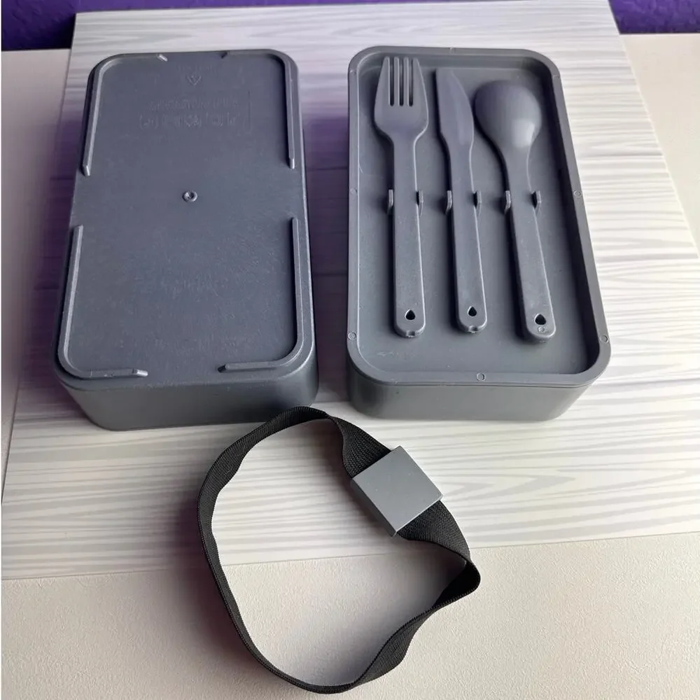 Bento Box Adult Lunch Box Stackable 2 Tier Gray with Strap and Fork Spoon Knife